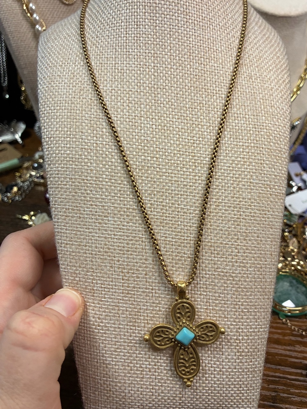 Monet Gold-Tone Filigree Cross Necklace with Turquoise Stone - Women Jewelry
